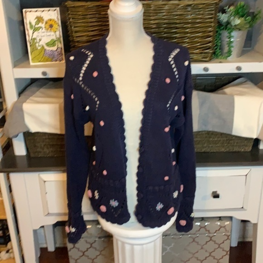 62 East Vintage Navy/Pink Floral Knit Grandma Cardigan Sweater‎ Size Medium